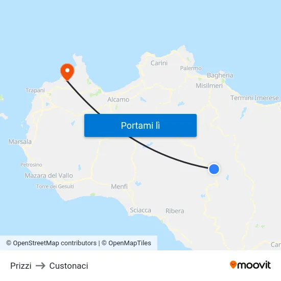 Prizzi to Custonaci map