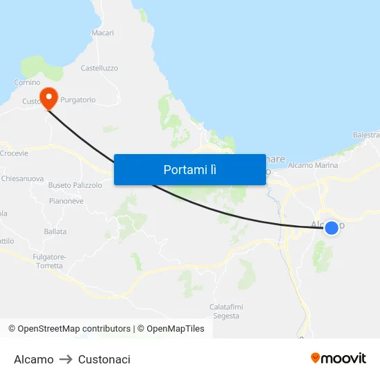 Alcamo to Custonaci map