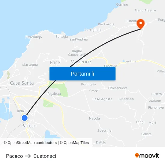 Paceco to Custonaci map