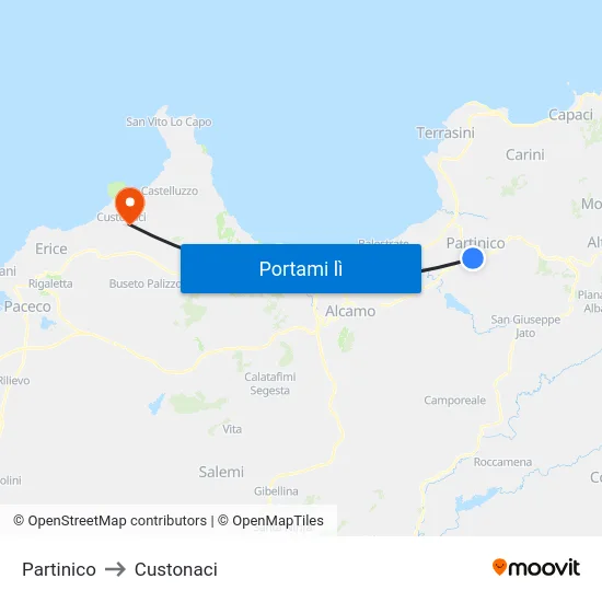 Partinico to Custonaci map