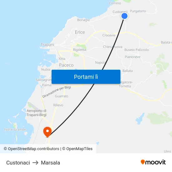Custonaci to Marsala map