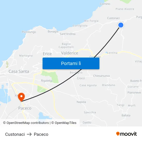 Custonaci to Paceco map