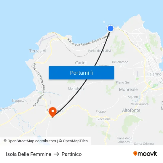 Isola Delle Femmine to Partinico map