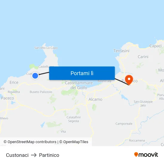 Custonaci to Partinico map