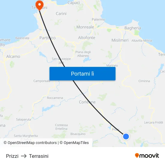 Prizzi to Terrasini map