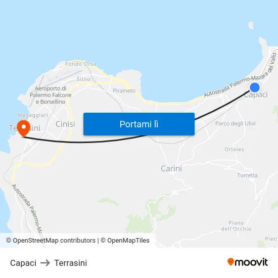 Capaci to Terrasini map