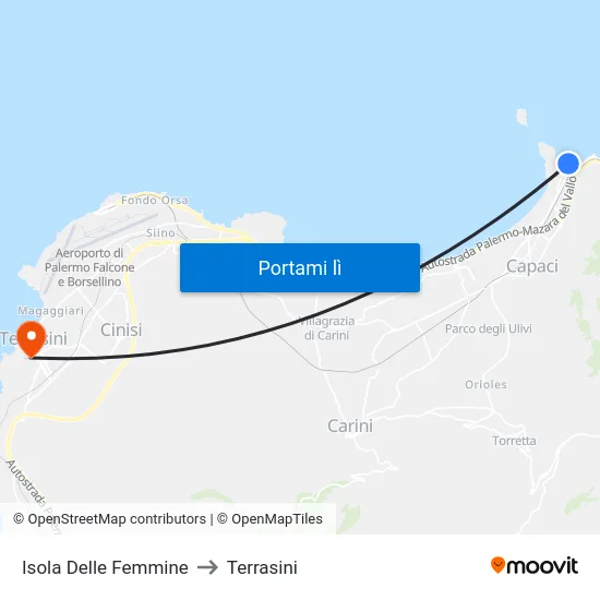Isola Delle Femmine to Terrasini map