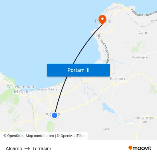 Alcamo to Terrasini map