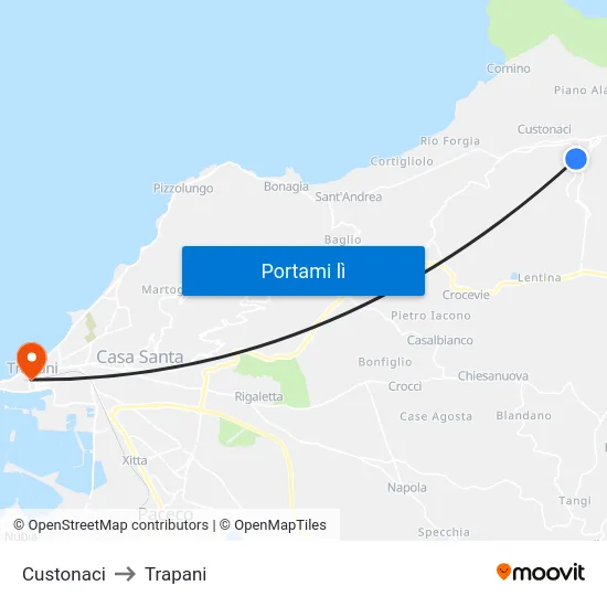 Custonaci to Trapani map