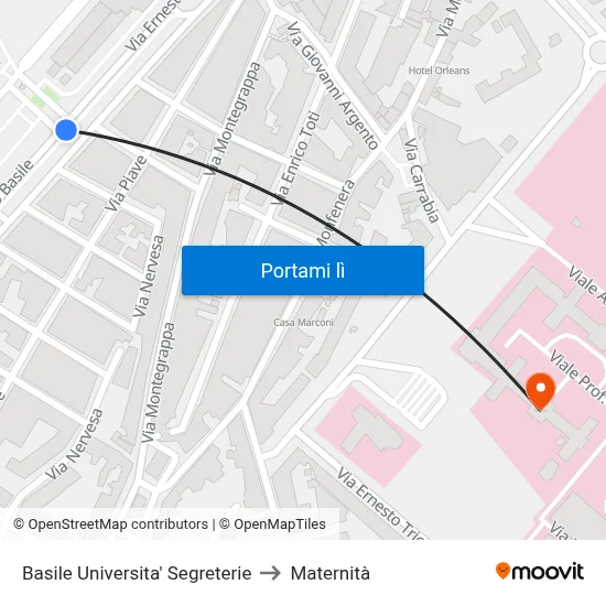 Basile Universita' Segreterie to Maternità map
