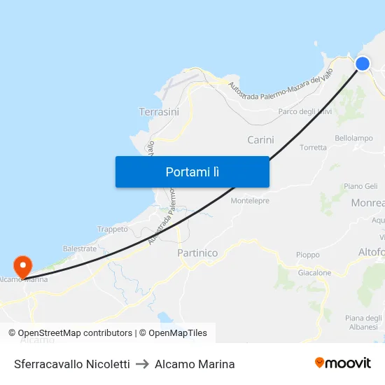 Sferracavallo Nicoletti to Alcamo Marina map