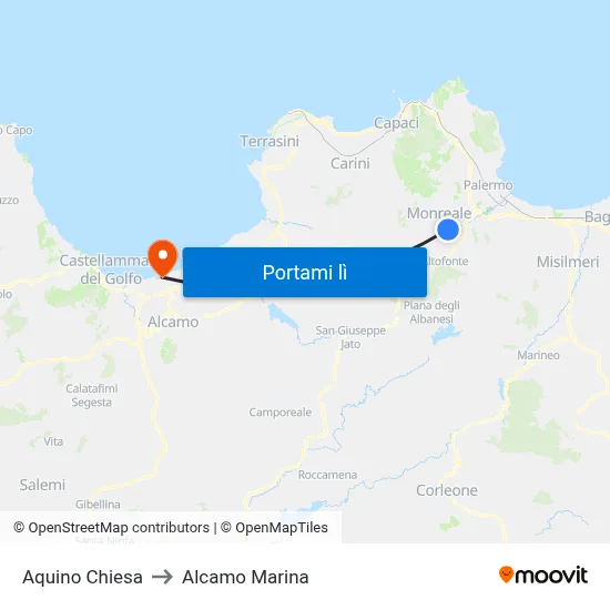 Aquino Chiesa to Alcamo Marina map