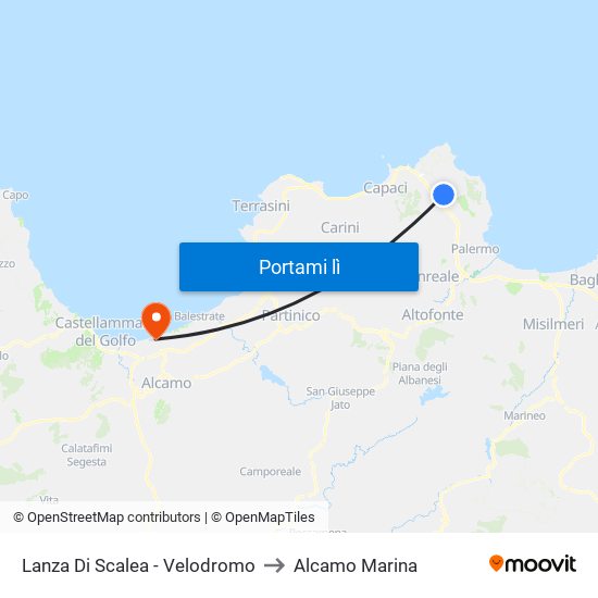 Lanza Di Scalea - Velodromo to Alcamo Marina map