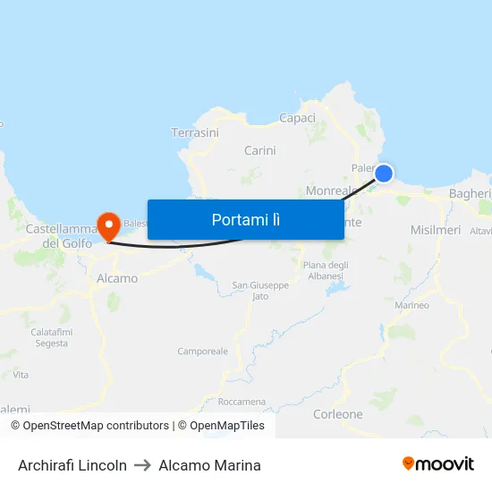 Archirafi Lincoln to Alcamo Marina map