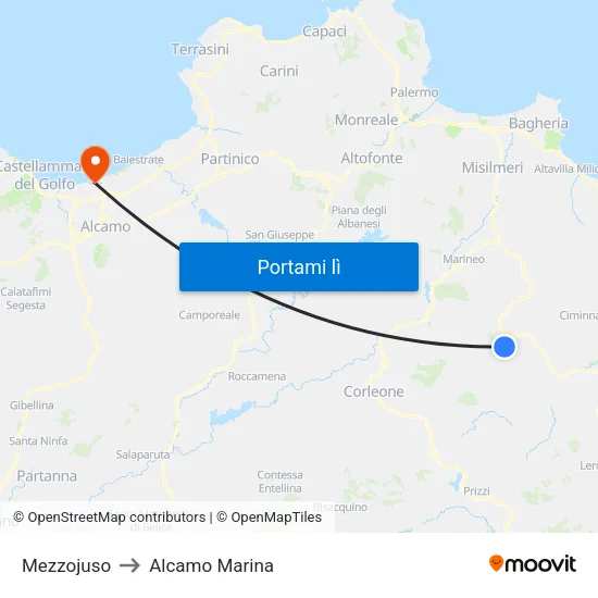 Mezzojuso to Alcamo Marina map