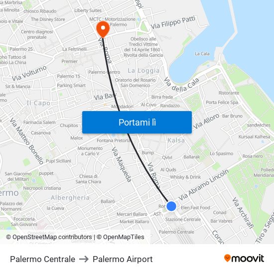 Palermo Centrale to Palermo Airport map