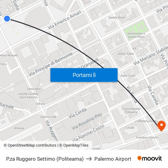 P.za Ruggero Settimo (Politeama) to Palermo Airport map