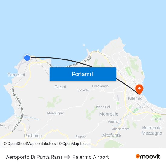 Aeroporto Di Punta Raisi to Palermo Airport map