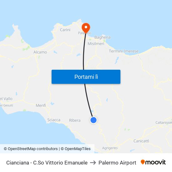 Cianciana - C.So Vittorio Emanuele to Palermo Airport map