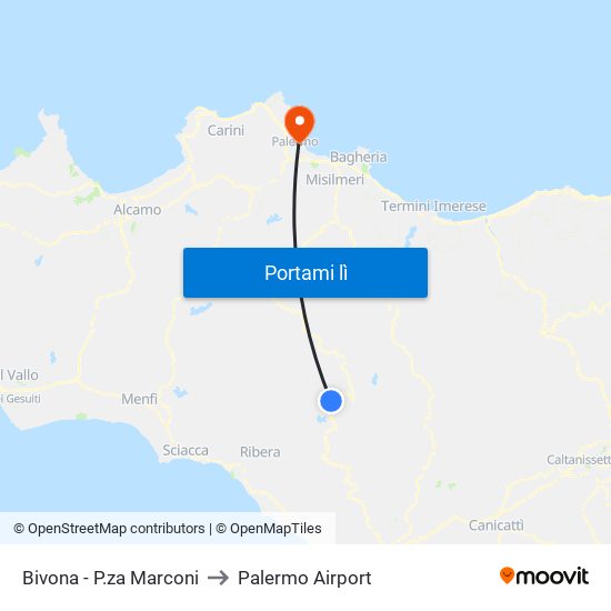 Bivona - P.za Marconi to Palermo Airport map