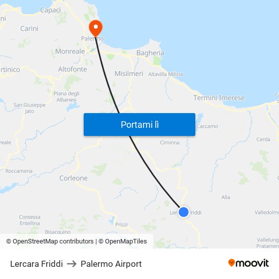 Lercara Friddi to Palermo Airport map