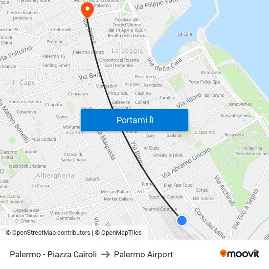 Palermo - Piazza Cairoli to Palermo Airport map