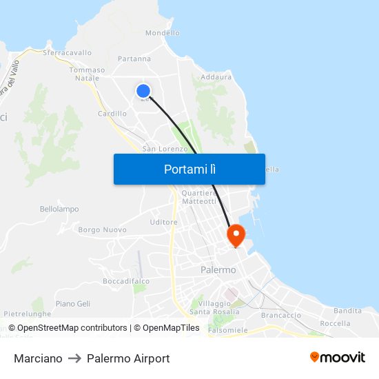 Marciano to Palermo Airport map