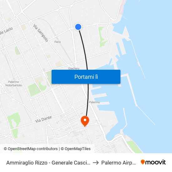 Ammiraglio Rizzo - Generale Cascino to Palermo Airport map