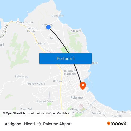 Antigone - Nicoti to Palermo Airport map