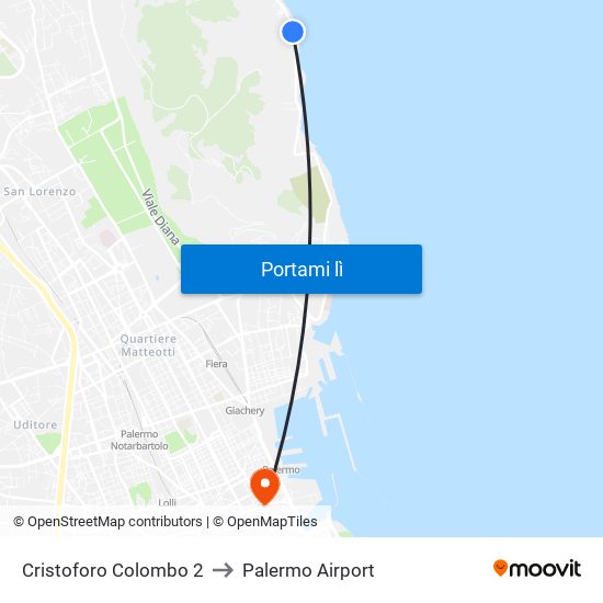 Cristoforo Colombo 2 to Palermo Airport map