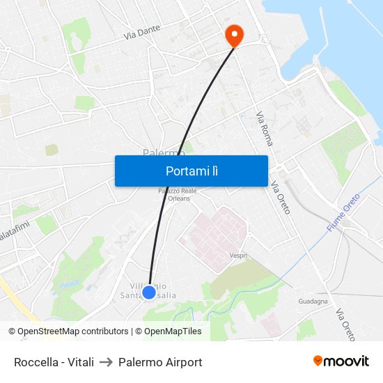 Roccella - Vitali to Palermo Airport map