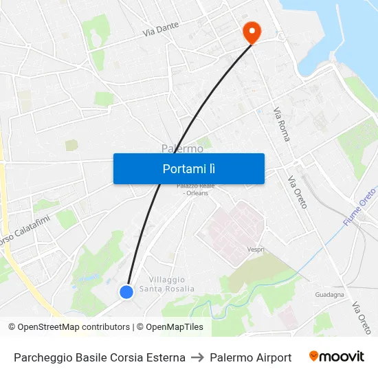 Parcheggio Basile Corsia Esterna to Palermo Airport map