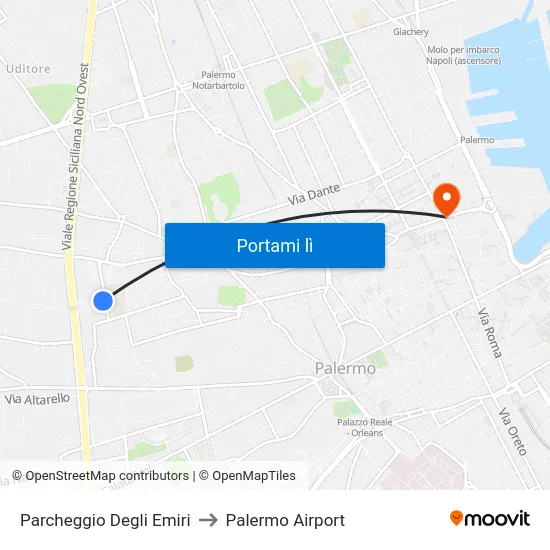 Parcheggio Degli Emiri to Palermo Airport map