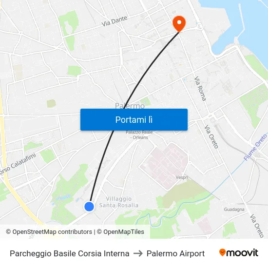 Parcheggio Basile Corsia Interna to Palermo Airport map