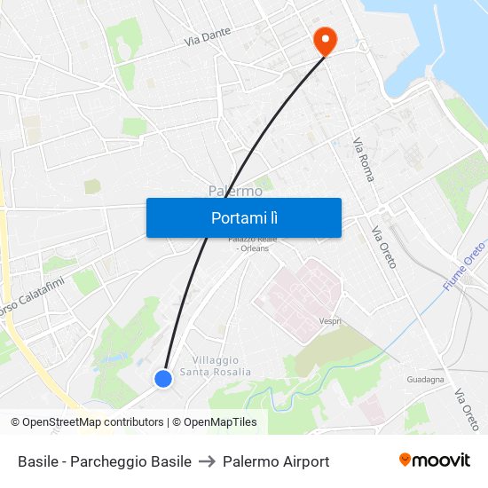 Basile - Parcheggio Basile to Palermo Airport map