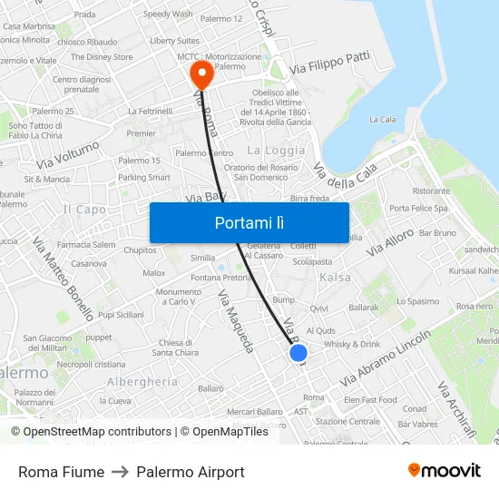 Roma Fiume to Palermo Airport map