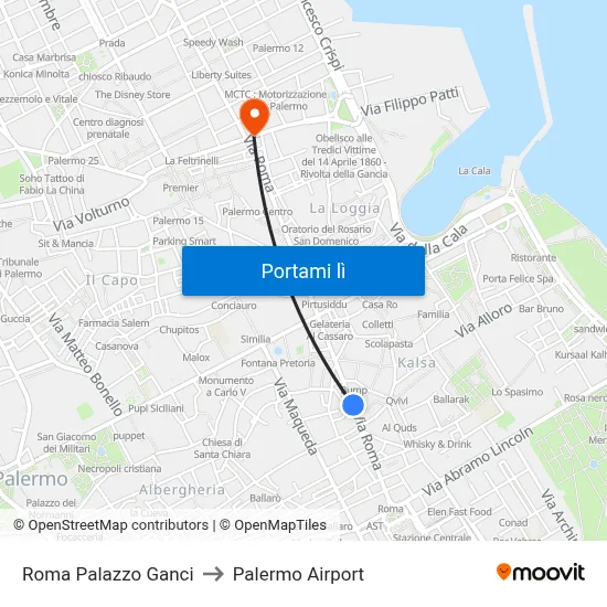 Roma Palazzo Ganci to Palermo Airport map