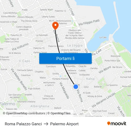 Roma Palazzo Ganci to Palermo Airport map