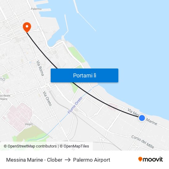 Messina Marine - Clober to Palermo Airport map