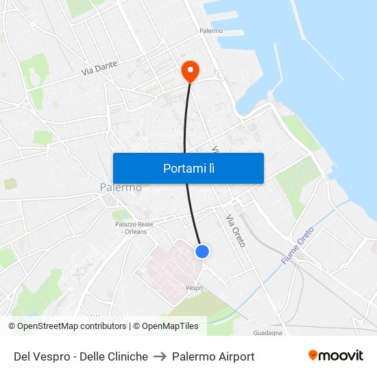 Del Vespro - Delle Cliniche to Palermo Airport map