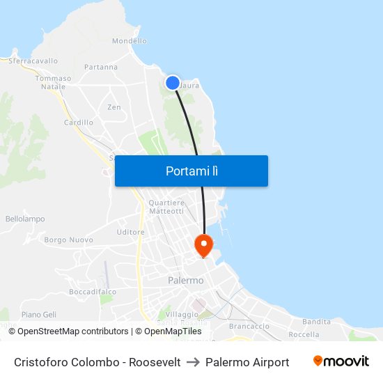 Cristoforo Colombo - Roosevelt to Palermo Airport map