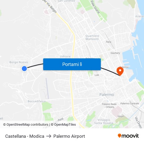 Castellana - Modica to Palermo Airport map