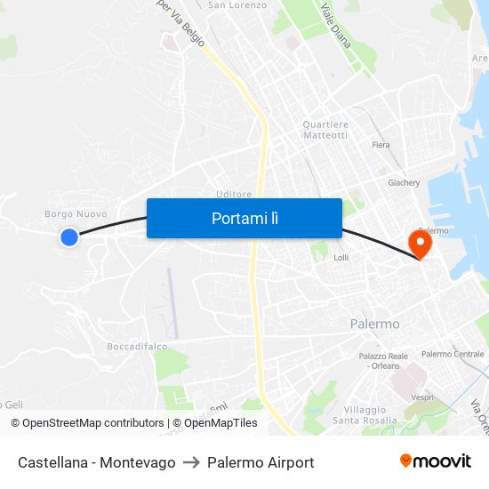 Castellana - Montevago to Palermo Airport map