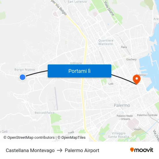 Castellana Montevago to Palermo Airport map