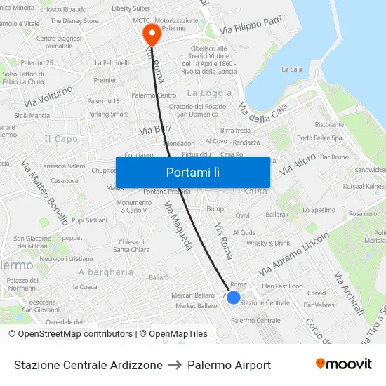 Stazione Centrale Ardizzone to Palermo Airport map