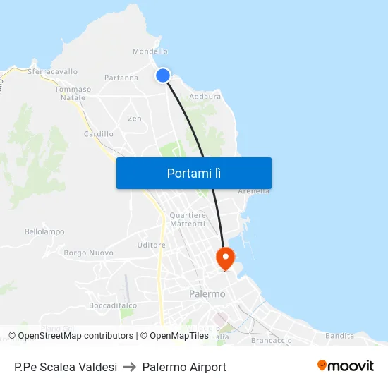 P.Pe Scalea Valdesi to Palermo Airport map