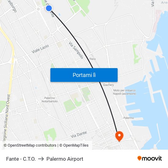 Fante - C.T.O. to Palermo Airport map