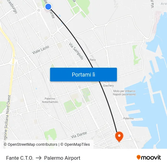 Fante C.T.O. to Palermo Airport map