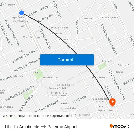 Liberta' Archimede to Palermo Airport map