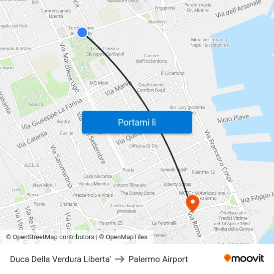 Duca Della Verdura Liberta' to Palermo Airport map